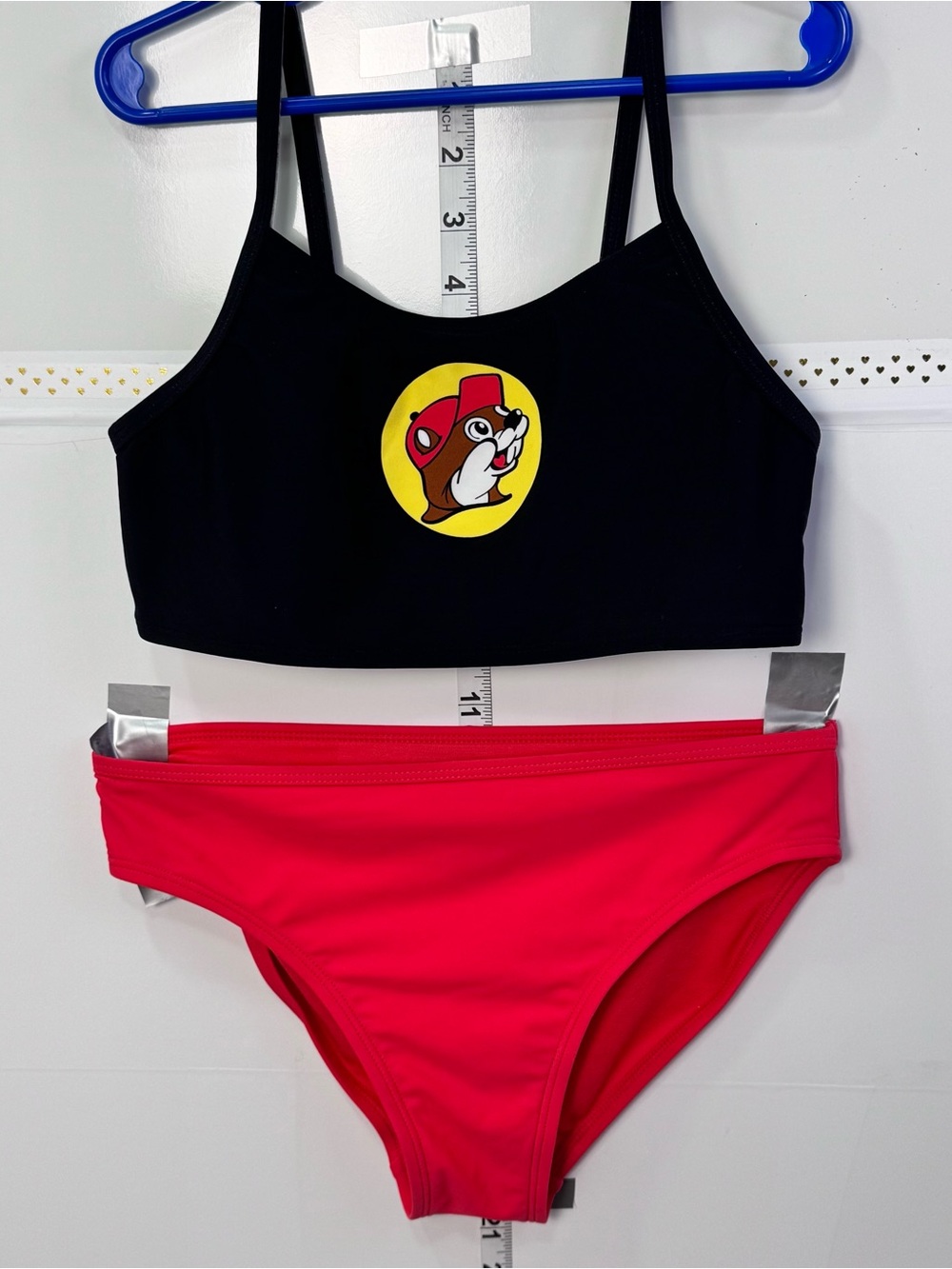 Buc-Ceeni Bikini Set YL Buc-ee's Logo Top Red Bottom Adjustable Straps